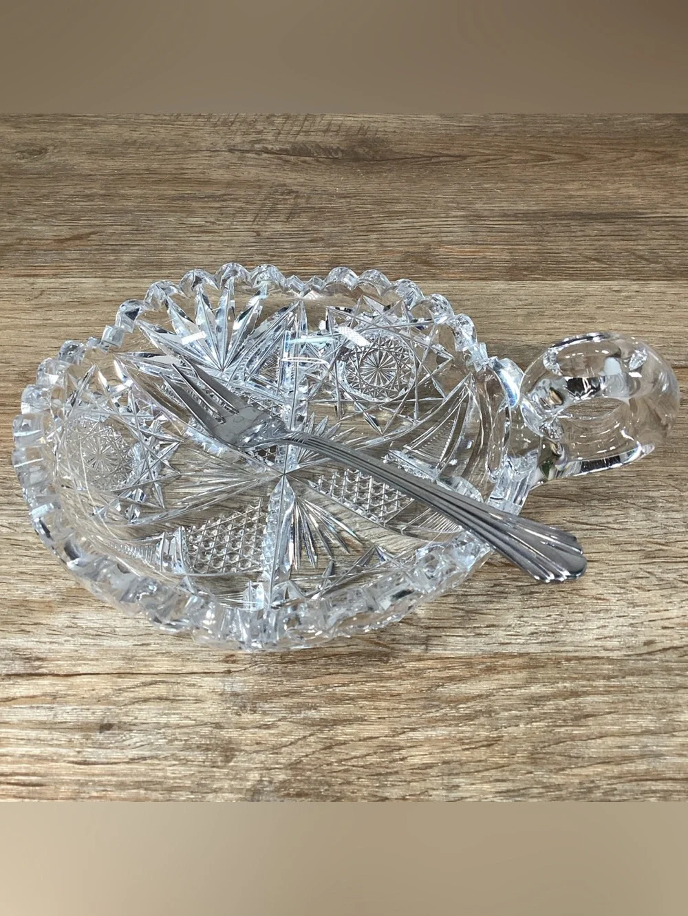 Vintage Brilliant Cut Crystal Nappy Dish with Cocktail Fork